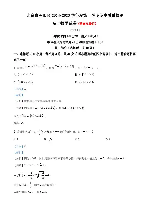 北京市朝阳区2024-2025学年高三上学期期中检测数学试卷含答案