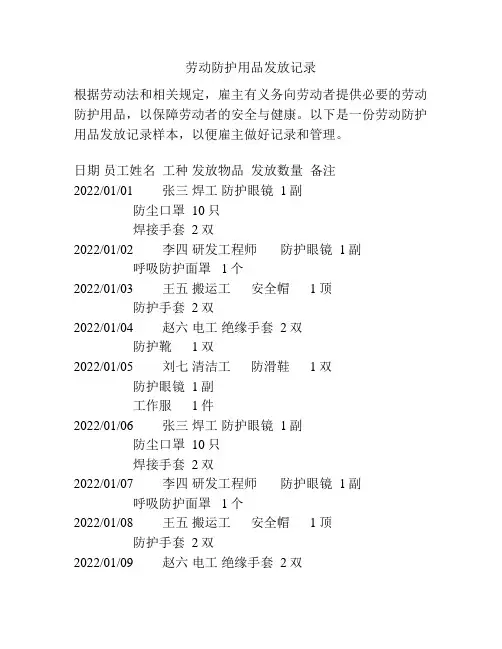 劳动防护用品发放记录