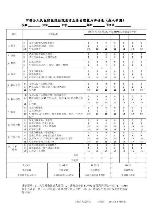 住院患者生活自理能力评价表