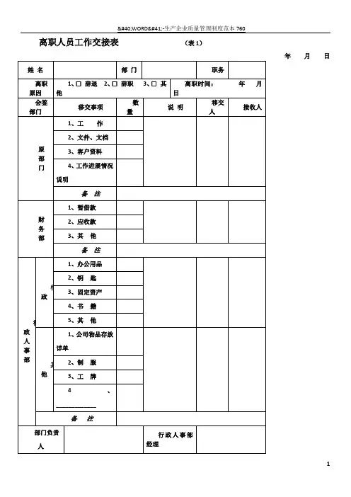 离职人员工作交接表