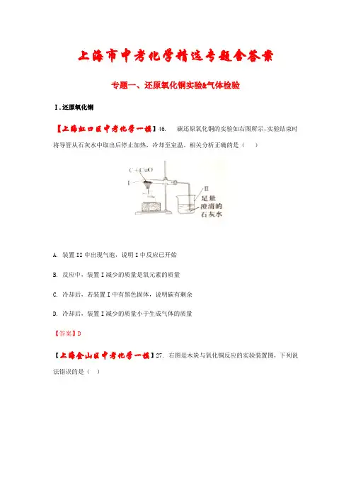 【精品】上海市中考化学精选专题《 还原氧化铜实验 & 气体检验》(含答案)
