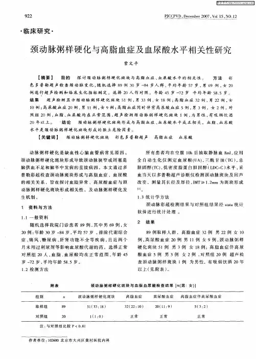 颈动脉粥样硬化与高脂血症及血尿酸水平相关性研究