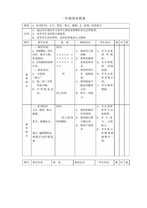 小学一年级体育教案(表格式共18页)