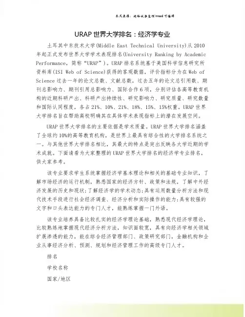 URAP世界大学排名：经济学专业
