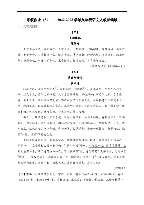 2022-2023学年九年级语文人教部编版寒假作业(5)(含答案)