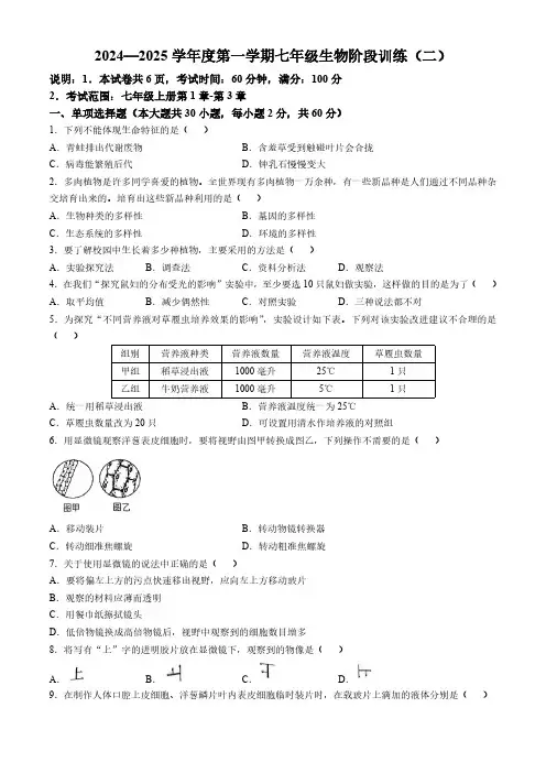 广东省湛江市廉江市良垌镇第三初级中学2024-2025学年七年级上学期期中生物试题(含答案)