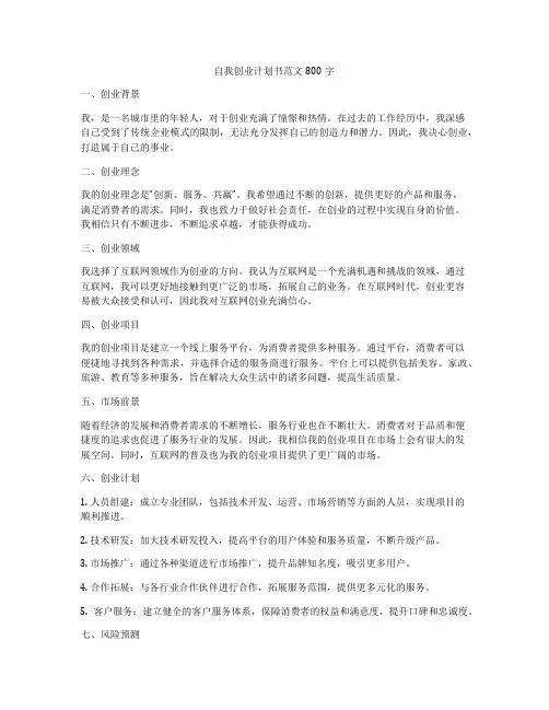 自我创业计划书范文800字