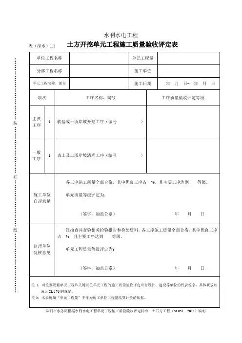 表(深水)1.1  土方开挖单元工程施工质量验收评定表