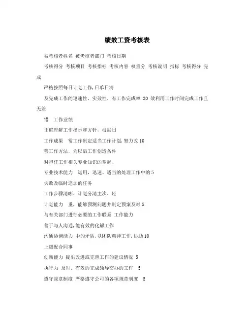 绩效工资考核表