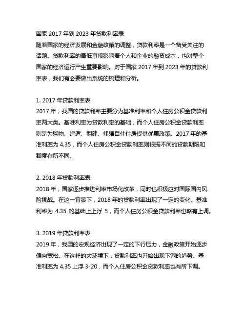 国家2017年到2023年贷款利率表