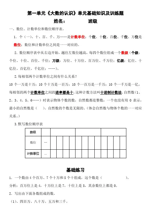第一单元《大数的认识》单元基础知识及训练题