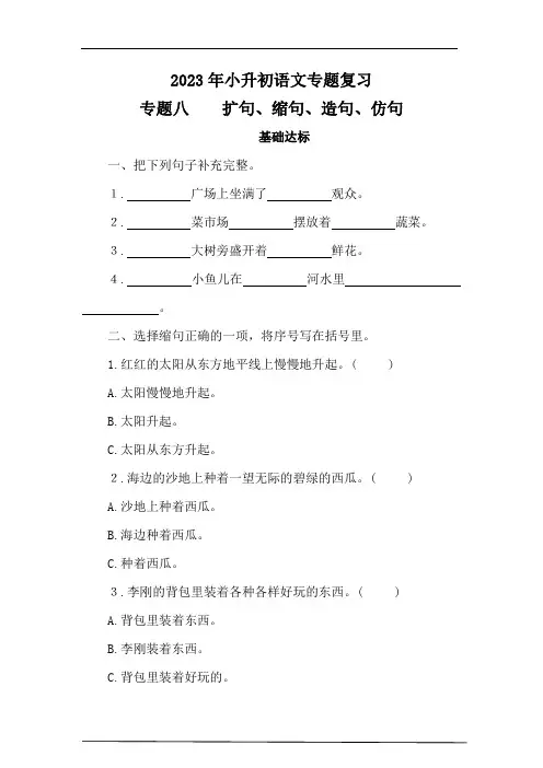 2023年小升初语文专题复习专题八 扩句、缩句、造句、仿句(含答案)