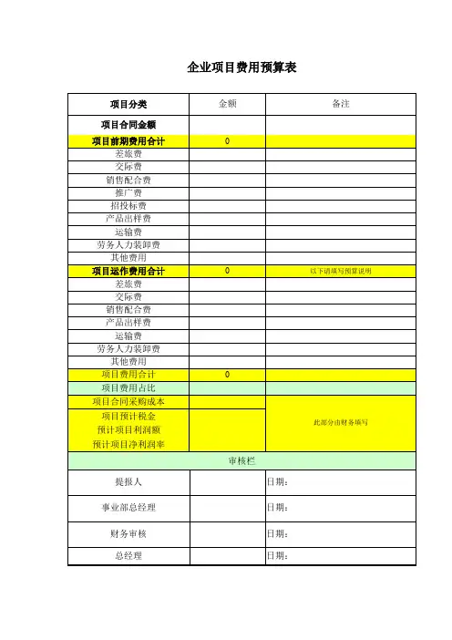 企业项目费用预算表