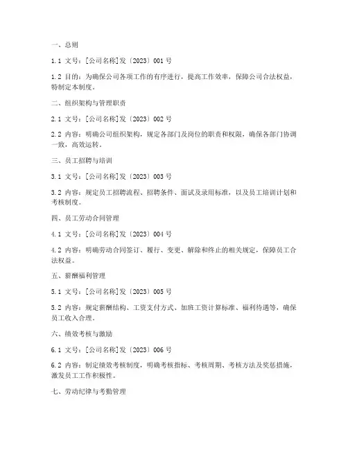公司管理制度目录及文号