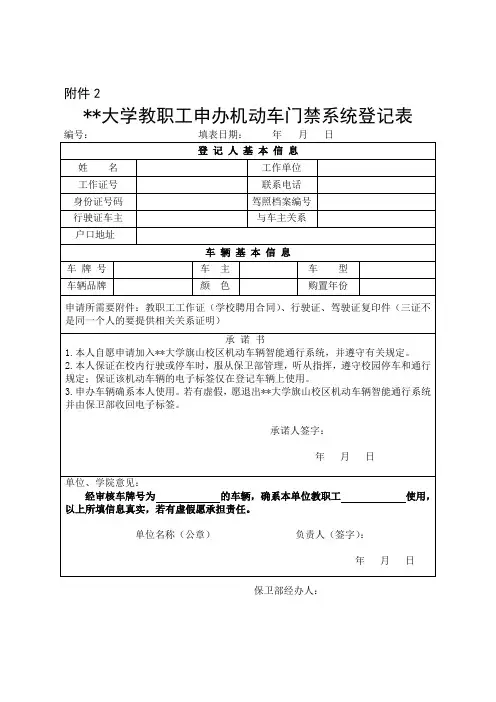 福州大学教职工申办机动车门禁系统登记表【模板】