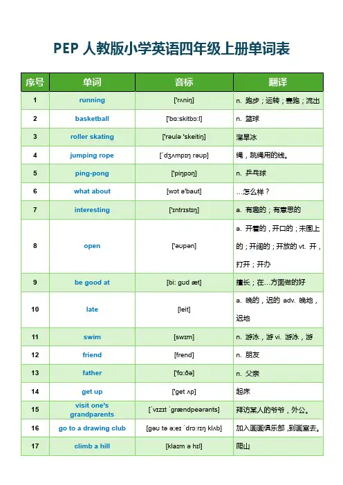 PEP人教版小学英语四年级上册单词表(含音标)