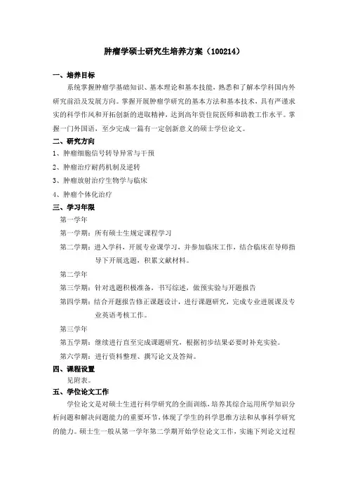 肿瘤学硕士研究生培养方案