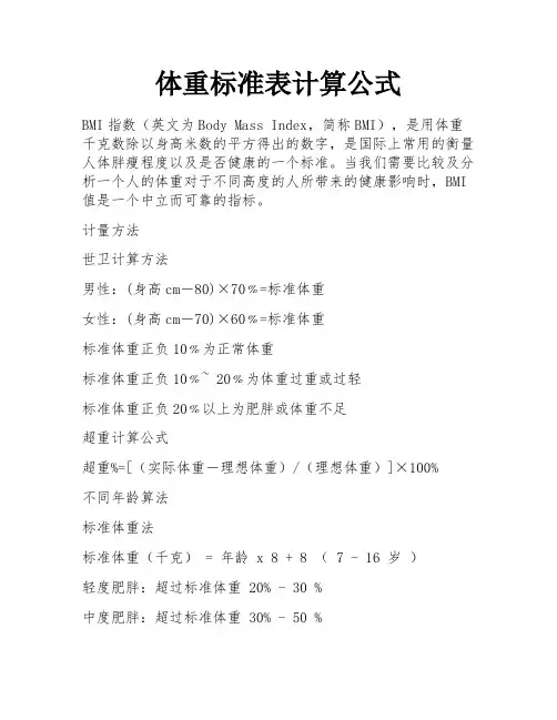 体重标准表计算公式