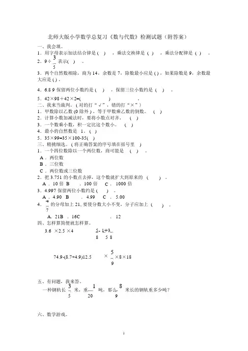 北师大版小学数学总复习《数与代数》检测试题附答案