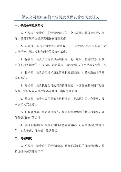 保安公司组织架构岗位制度及保安管理制度讲义