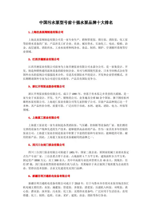 中国污水泵型号前十强水泵品牌十大排名