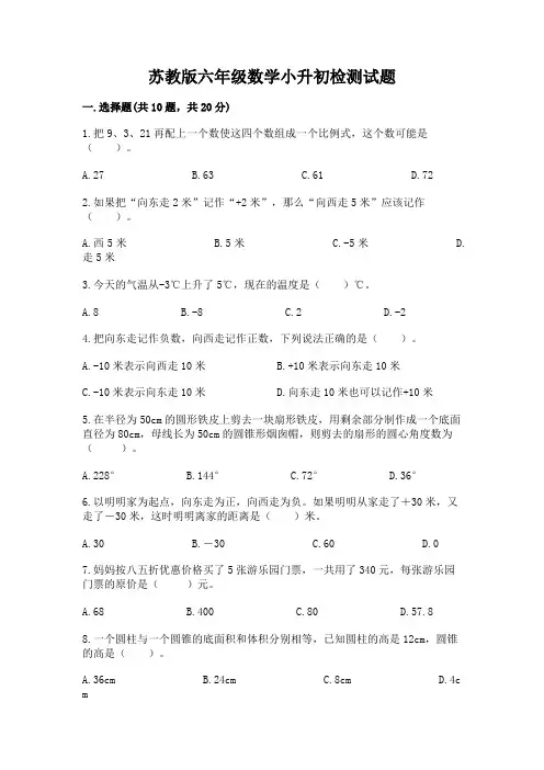 苏教版六年级数学小升初检测试题及完整答案(全优)