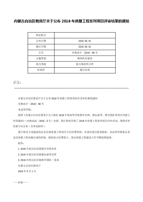 内蒙古自治区教育厅关于公布2016年质量工程系列项目评审结果的通知-内教高字〔2016〕66号