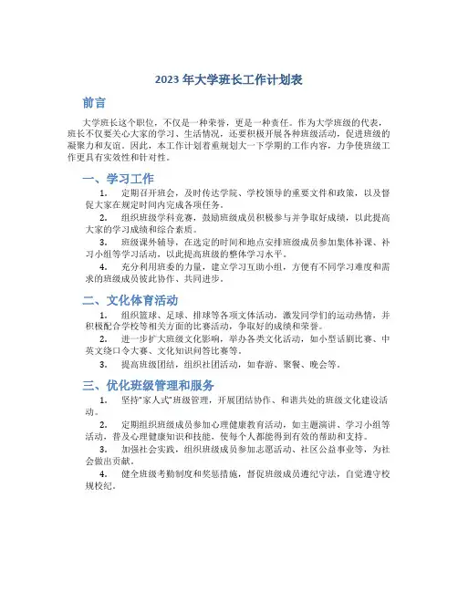2023年大学班长工作计划表大学班长工作计划大一(十)