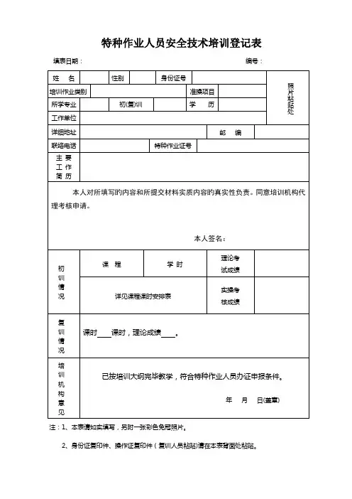 特种作业人员安全技术培训登记表