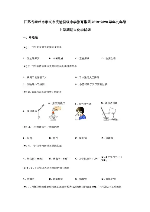 江苏省泰州市泰兴市实验初级中学教育集团2019-2020学年九年级上学期期末化学试题(word无答案)