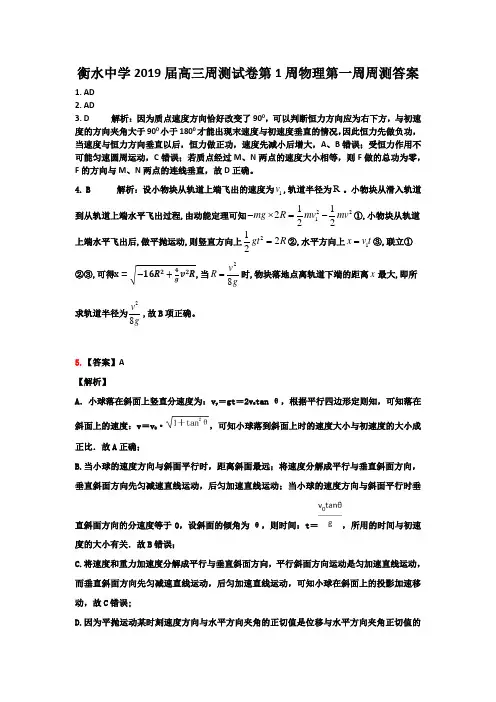 衡水中学2019届高三周测试卷第1周物理答案