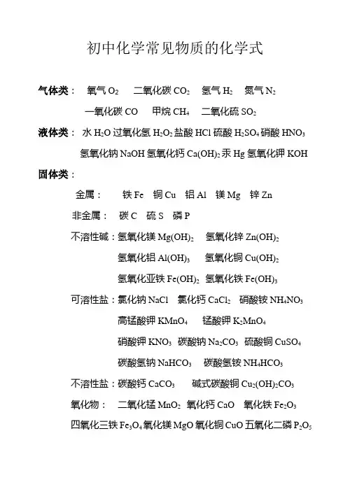 初中化学常见物质的化学式