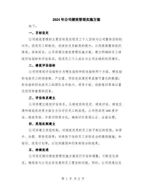 2024年公司绩效管理实施方案