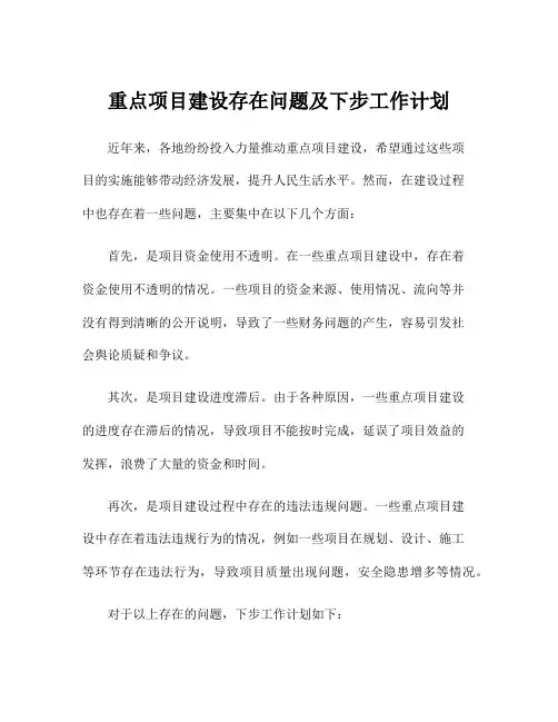 重点项目建设存在问题及下步工作计划
