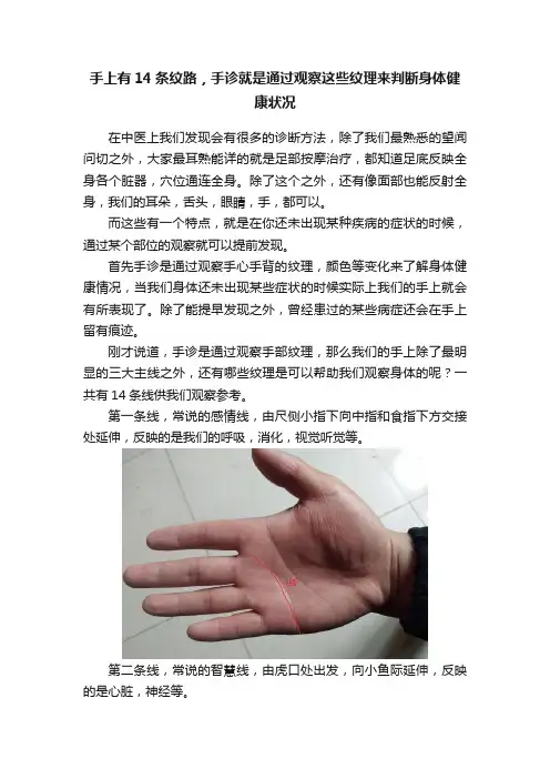 手上有14条纹路，手诊就是通过观察这些纹理来判断身体健康状况