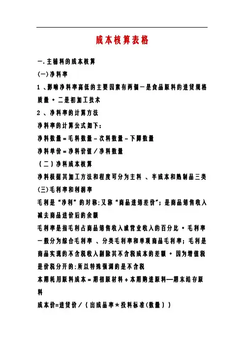 餐饮业成本核算表格