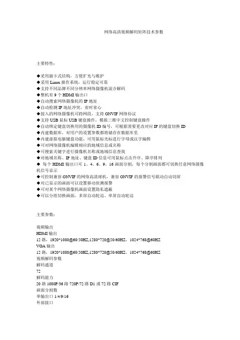 网络高清视频解码矩阵技术参数
