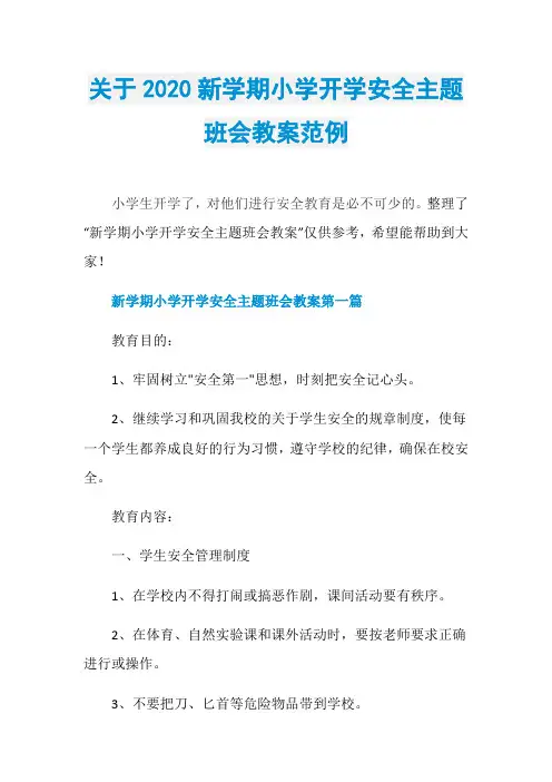 关于2020新学期小学开学安全主题班会教案范例