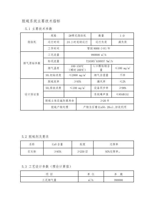 脱硫系统主要技术指标
