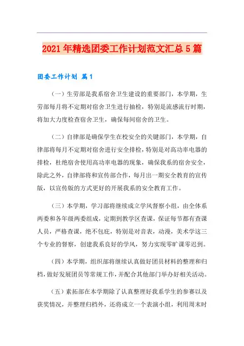 2021年精选团委工作计划范文汇总5篇