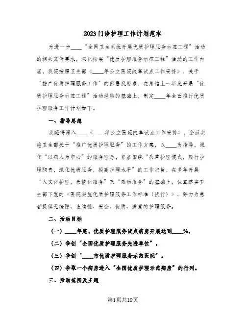 2023门诊护理工作计划范本(5篇)