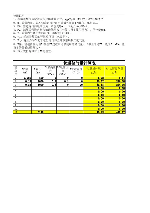 压力管道、压力容器储气量计算表