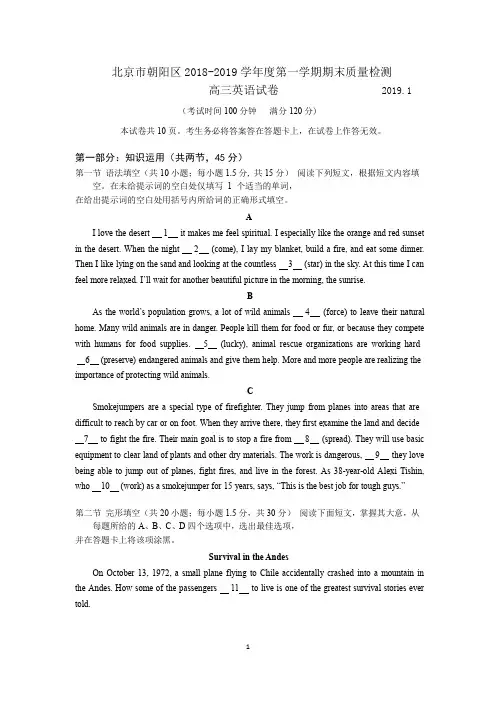 朝阳区2019届高三第一学期期末英语试题及答案