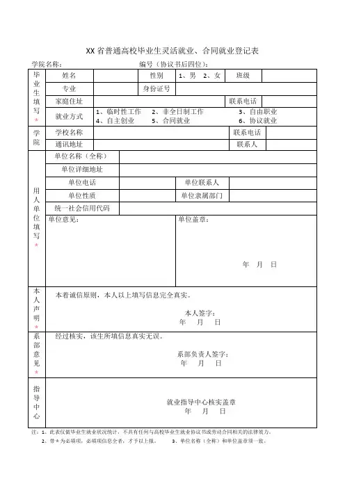 XX省普通高校毕业生灵活就业、合同就业登记表