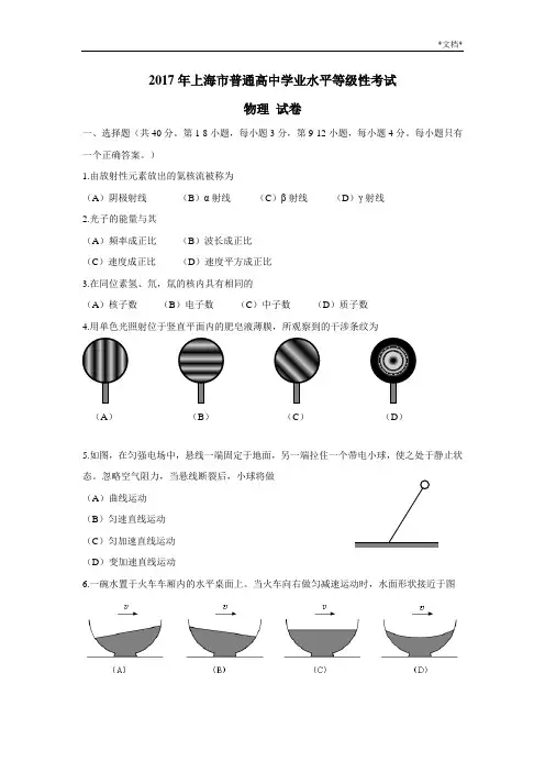 2017上海物理水平等级考(含答案)