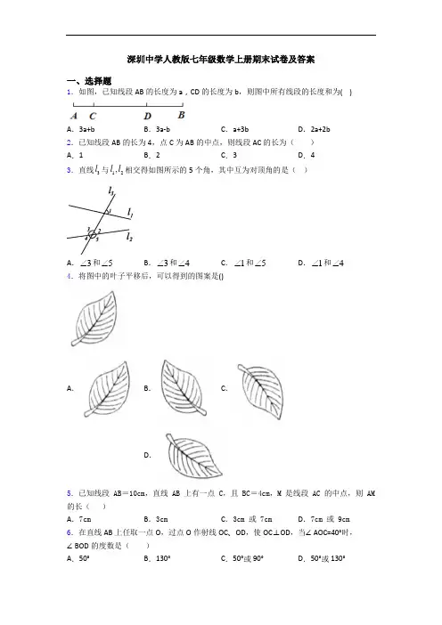 深圳中学人教版七年级数学上册期末试卷及答案