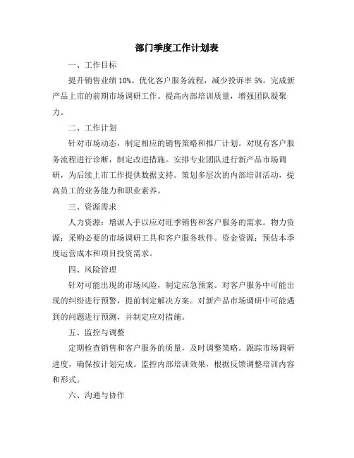 部门季度工作计划表