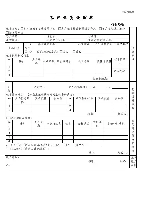 客户退货处理单