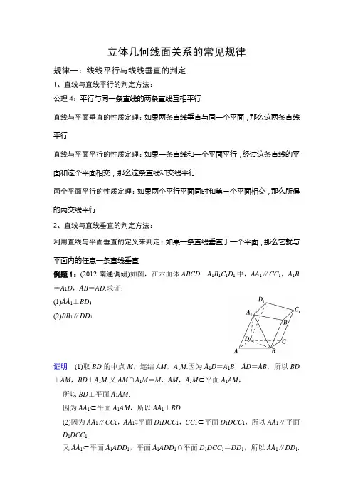 立体几何线面关系的常见规律(江苏专版)
