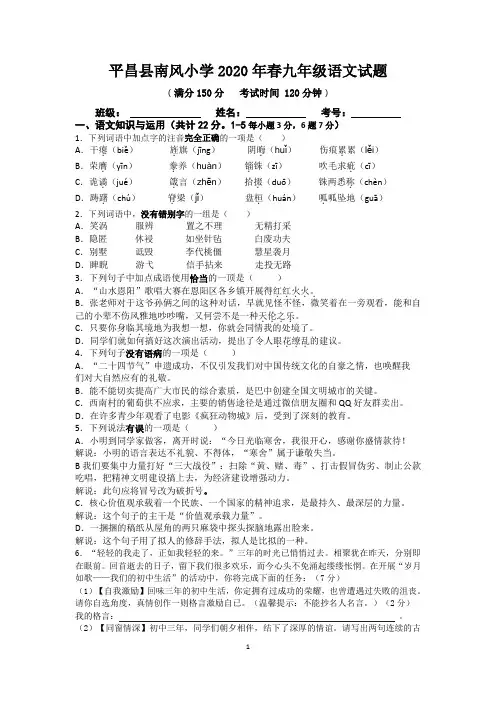 2020年春季九年级期中全册语文试题